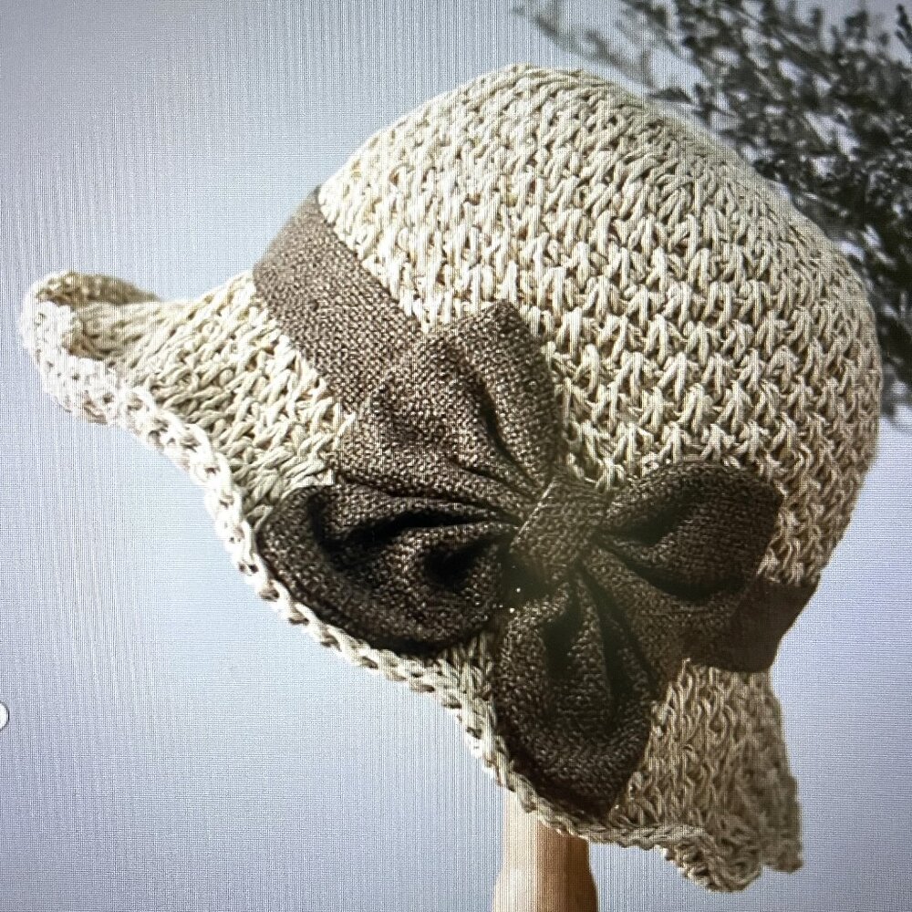 Womens Crochet Straw Hat with Ruffle Bow NEW